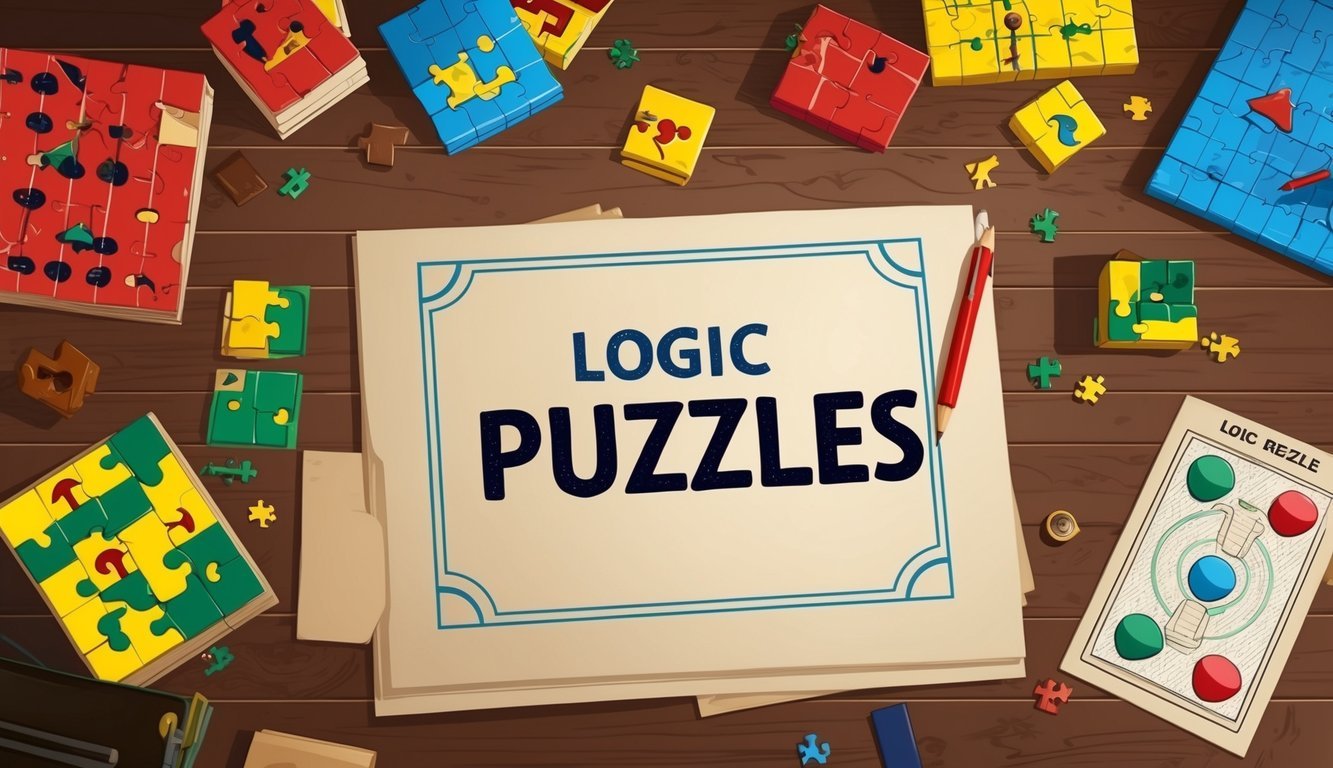Logic Puzzles" sign surrounded by colorful jigsaw puzzles on a wooden table