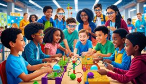 Diverse group of children working together on a STEM project at a table