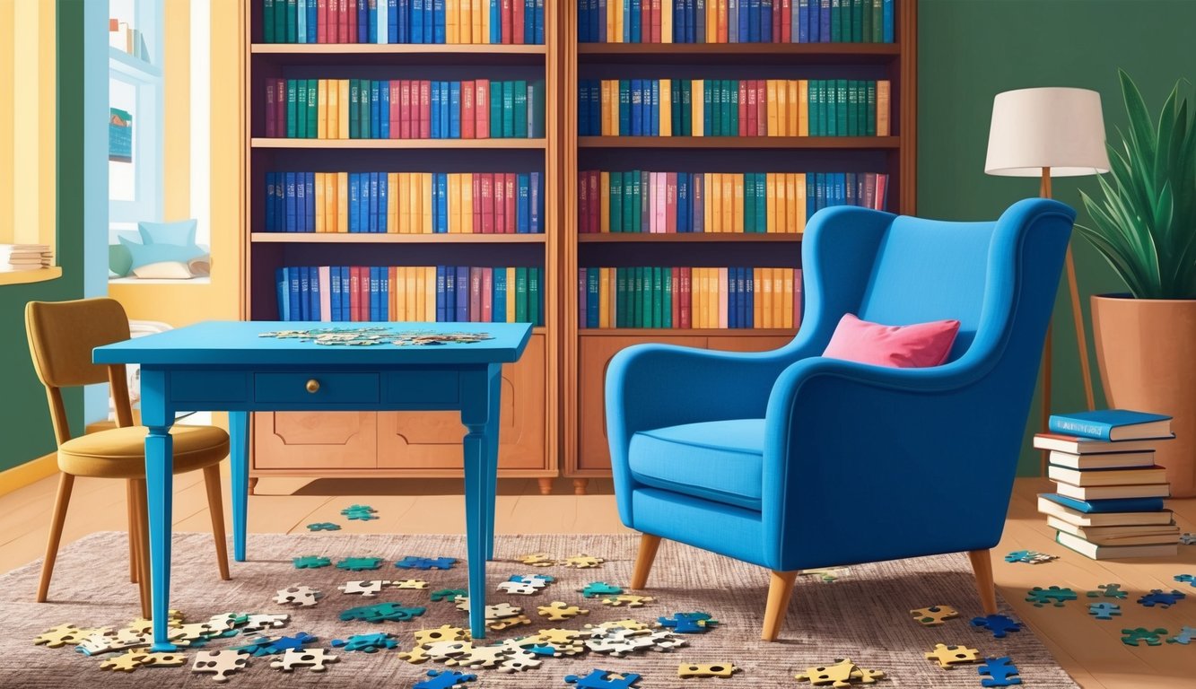 A cozy living room with a table, chair, and puzzle pieces strewn about.</p><p>A bookshelf filled with logic puzzle books in the background