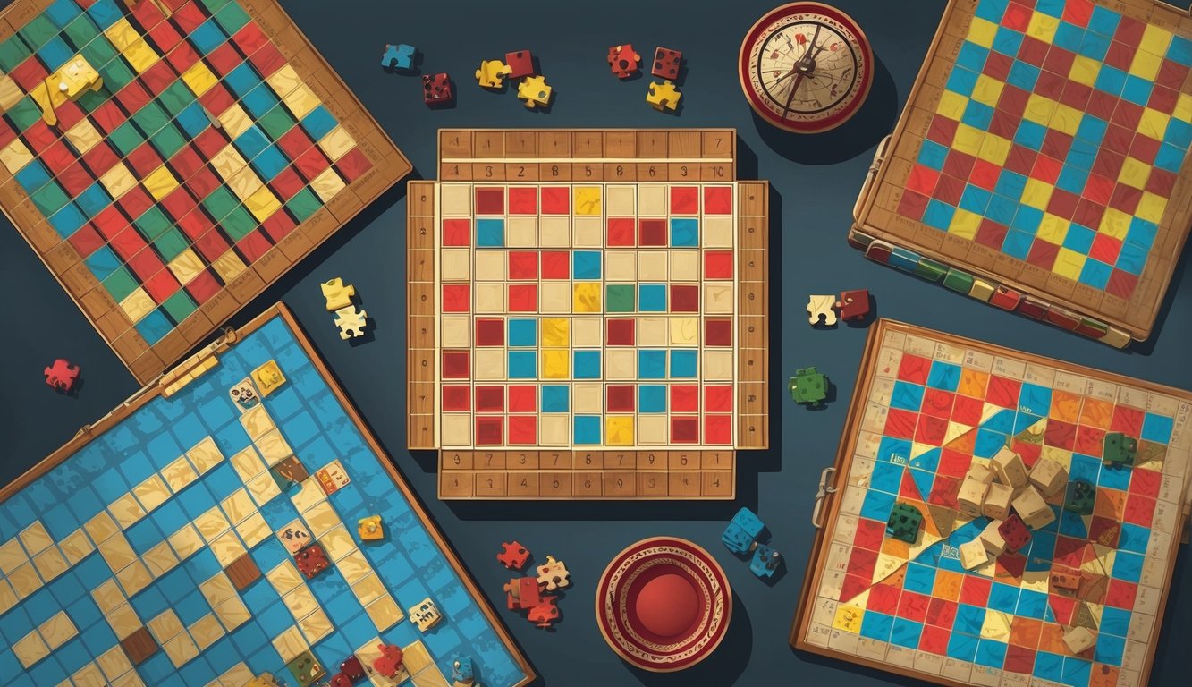 A table with various logic puzzle grids and game pieces spread out