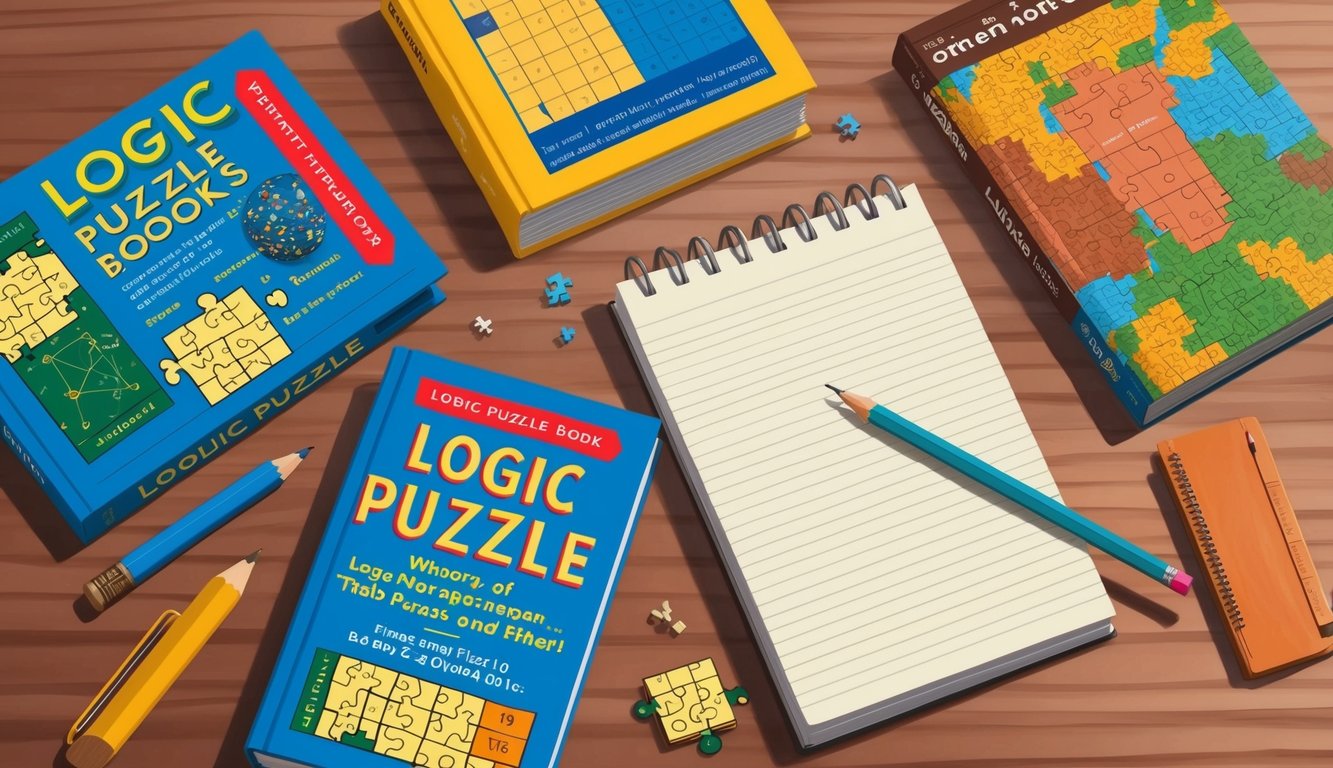 A table with various logic puzzle books, a pencil, and a notepad