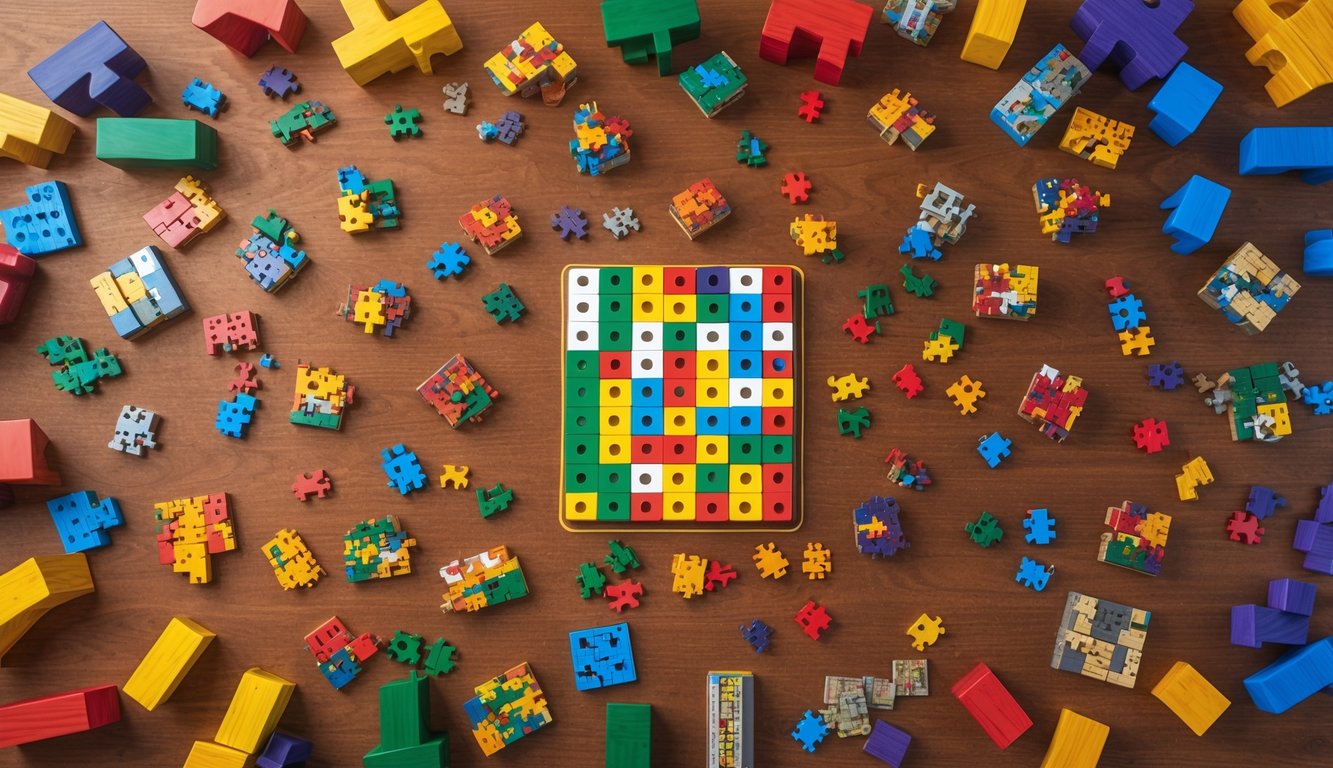 A colorful array of logic puzzles and game pieces scattered on a table