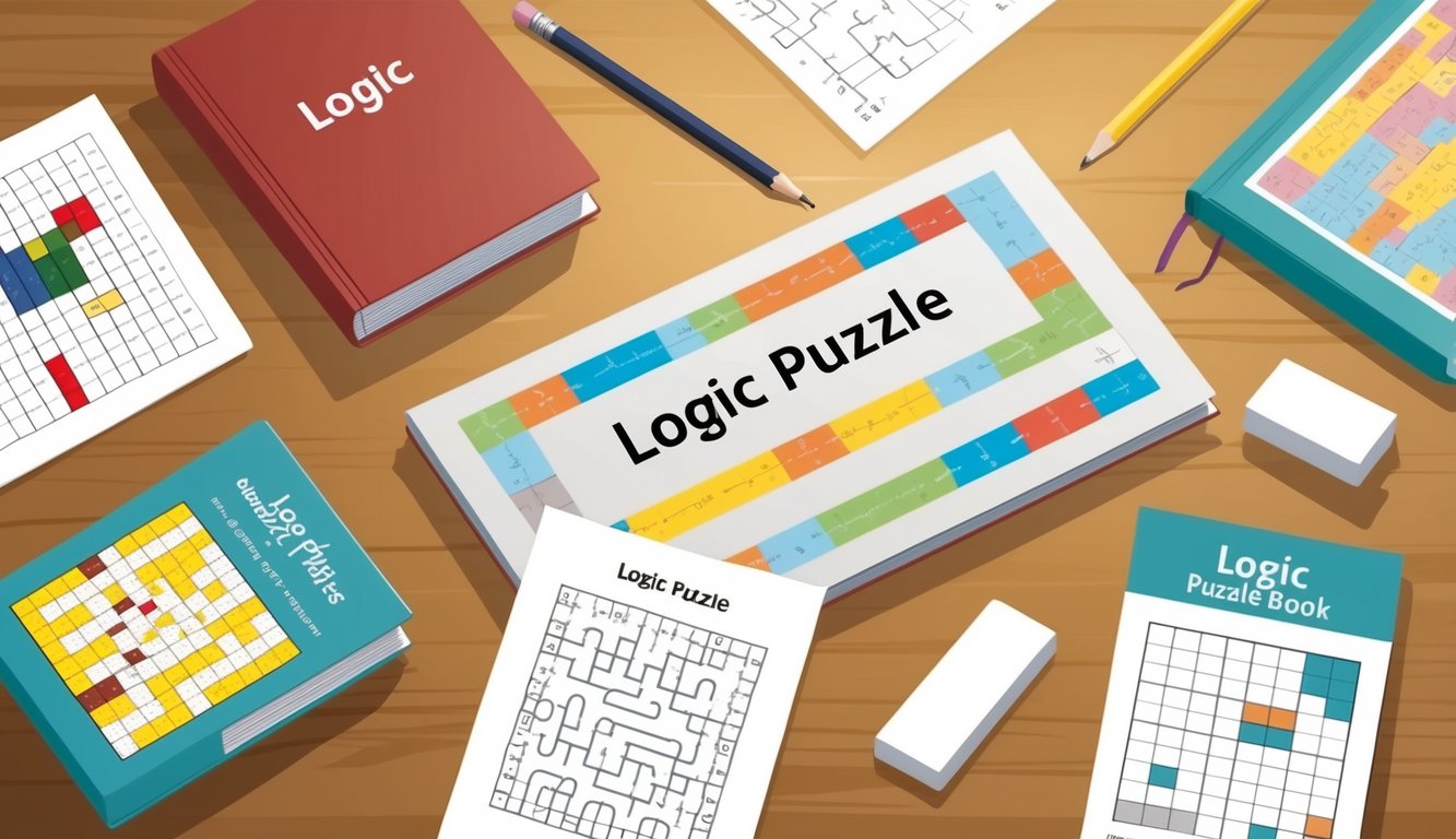 A table with various logic puzzle books and papers scattered around, with a pencil and eraser nearby