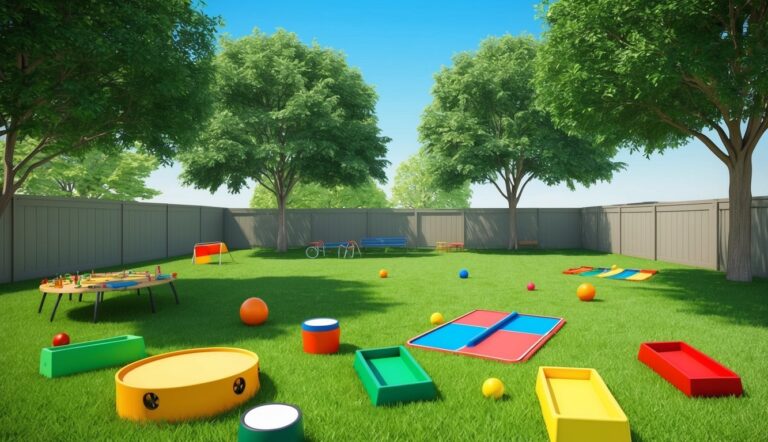 Backyard with toys, trees, and a fence, perfect for children's play