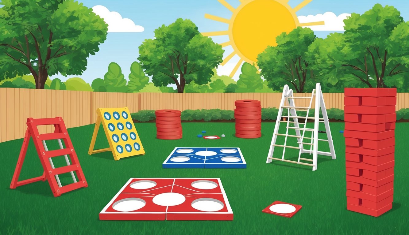 A backyard with a variety of yard games set up on the grass, including cornhole, ladder toss, and giant Jenga.</p><p>Sunshine and green trees in the background