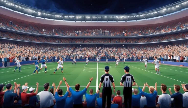 Soccer game in a packed stadium at night, with referees and fans