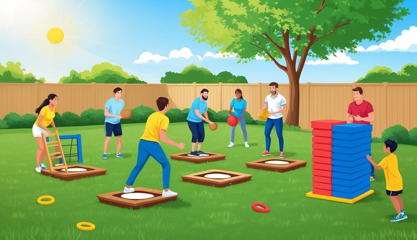 A group playing yard games, including cornhole, ladder toss, and giant Jenga, on a sunny day in a grassy backyard