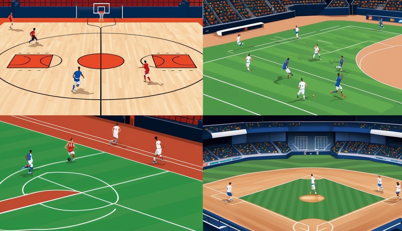 A basketball court with players in action, a soccer field with players in a match, a baseball diamond with players in a game
