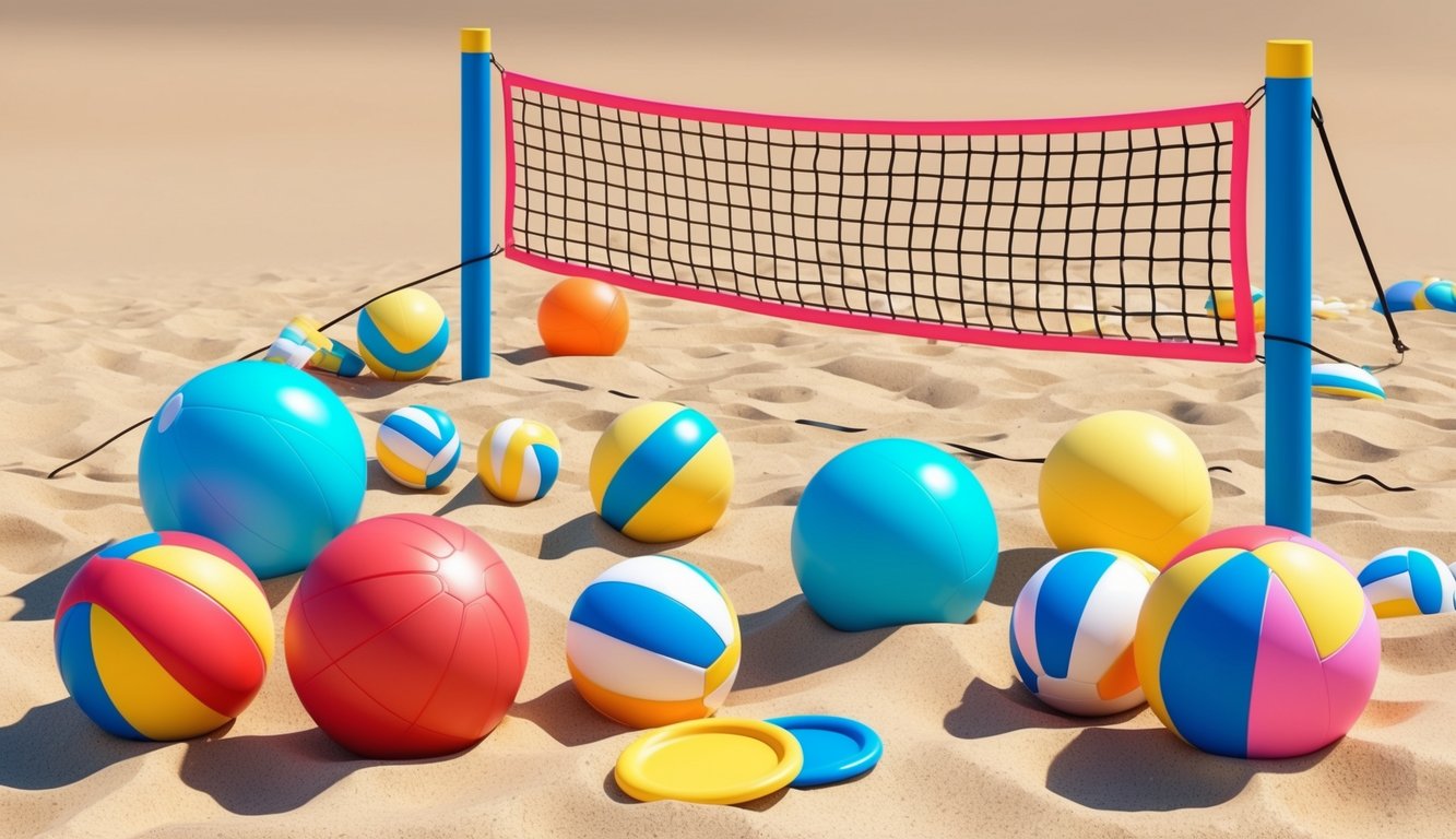 A sandy beach with colorful beach balls, frisbees, and a volleyball net set up for games