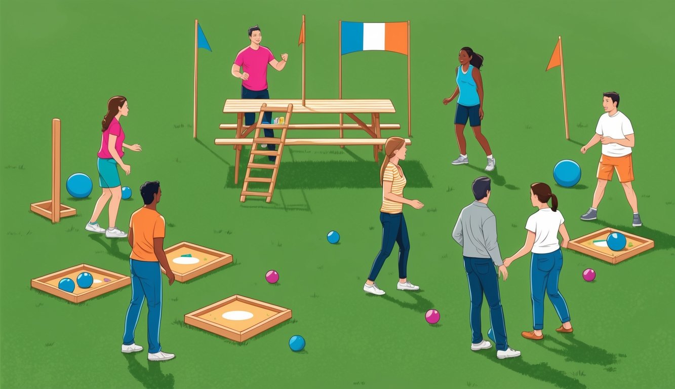 A group of people playing yard games such as cornhole, ladder toss, and bocce ball in a grassy backyard with a picnic table and colorful flags