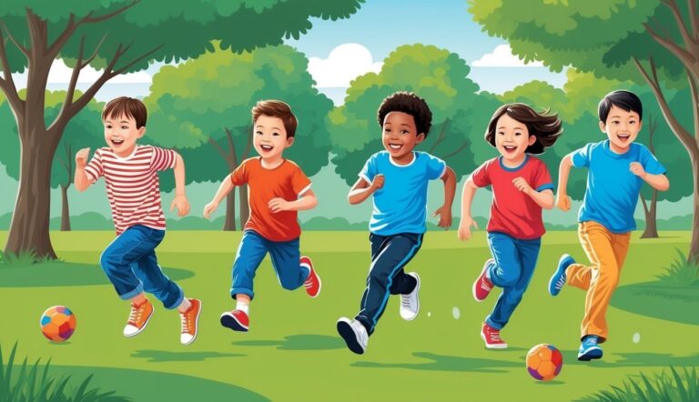 Five diverse children running and playing with soccer balls in a park