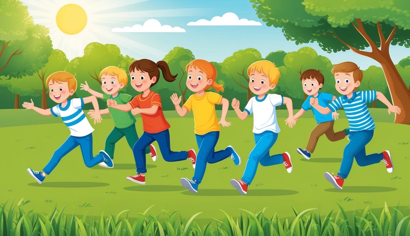 Children playing tag in a park, running and laughing.</p><p>Some are frozen while others try to tag them.</p><p>The sun is shining, and the grass is green
