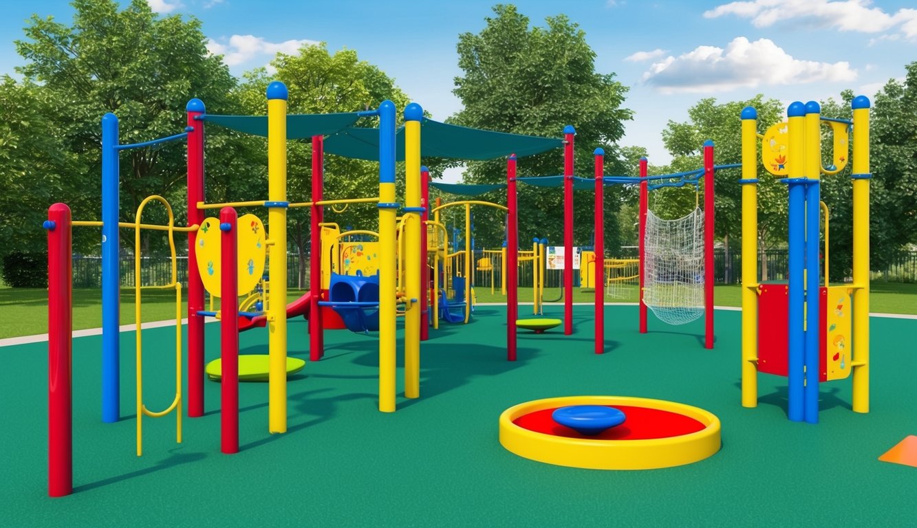 An outdoor playground with colorful tag equipment and various play spaces for tag and chase games