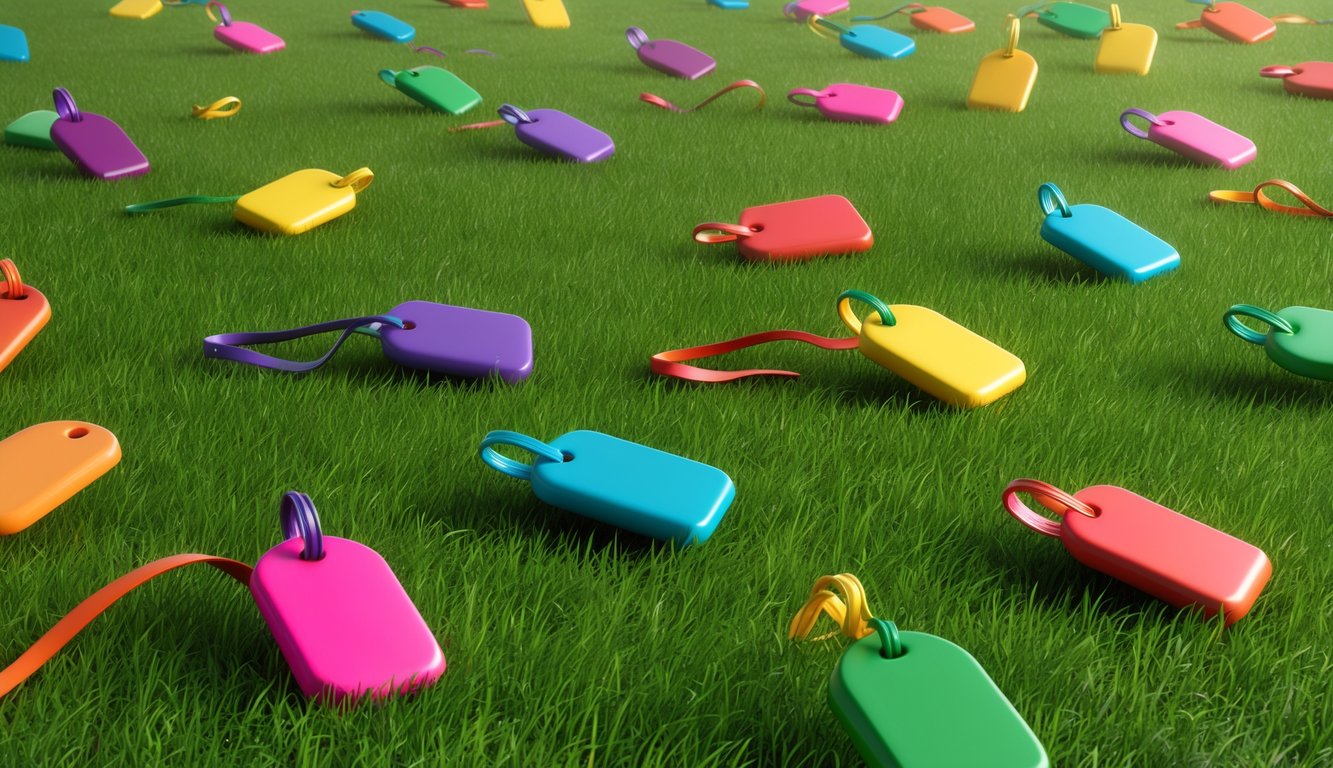 A group of colorful novelty tags scattered across a grassy field, with some tags chasing each other in a playful game
