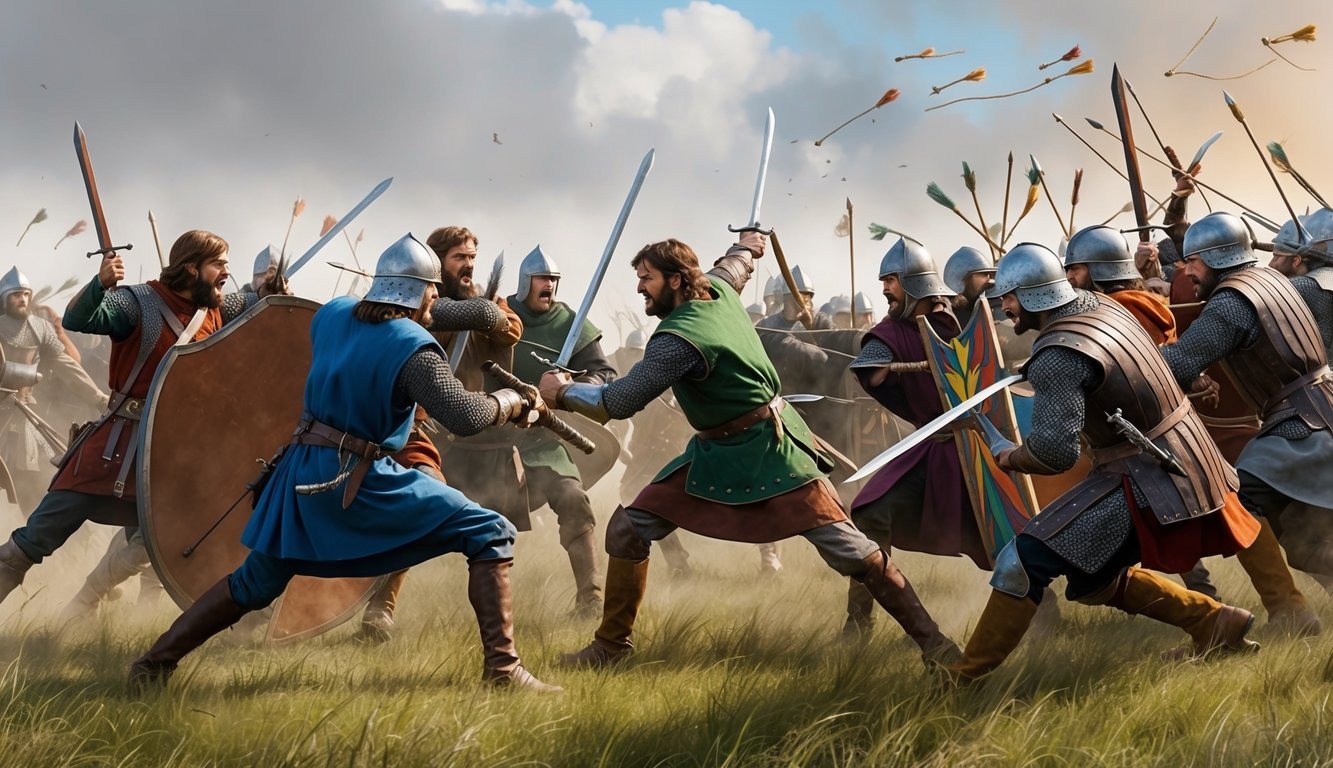 Medieval battle scene with soldiers clashing swords and shields on a grassy field