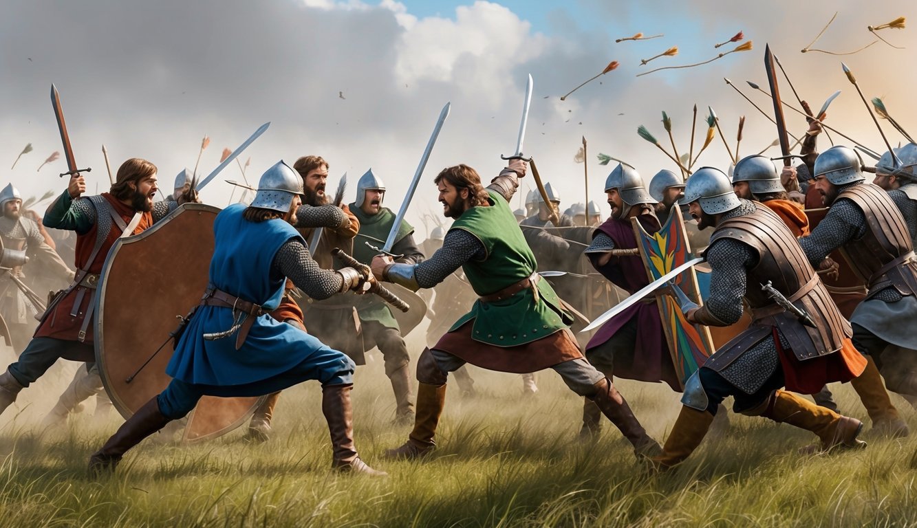 A group of medieval warriors engage in a fierce battle on a grassy battlefield, with swords clashing and arrows flying through the air