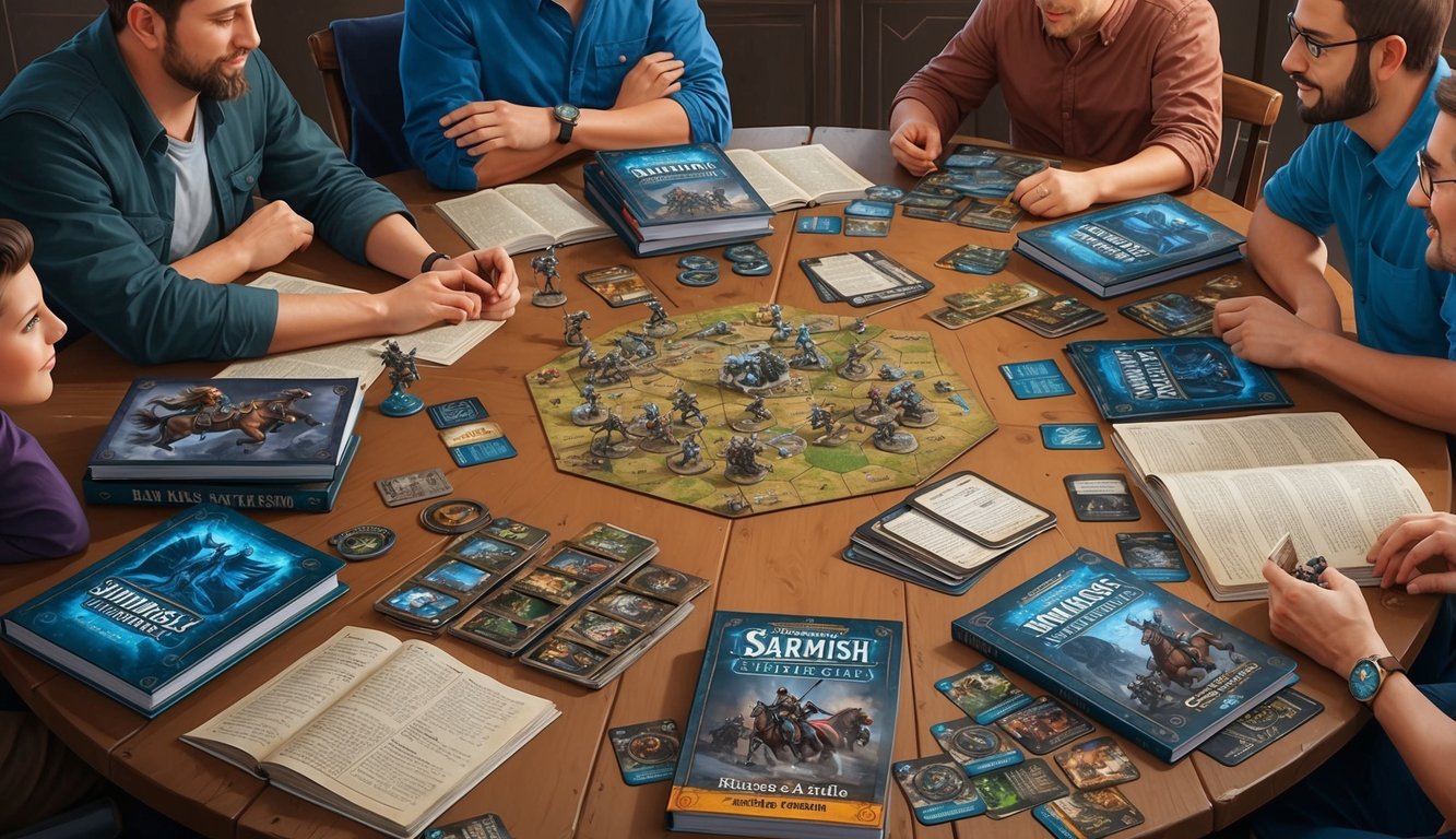 A table scattered with rulebooks, miniatures, and game cards as players eagerly discuss new expansions and updates for their skirmish game