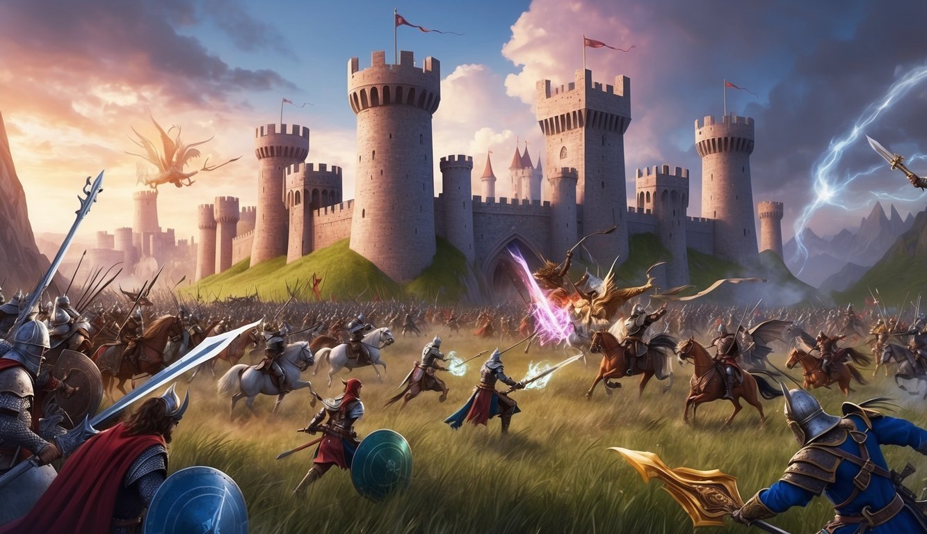 Medieval battle scene with castle, knights, dragons, and magical weapons