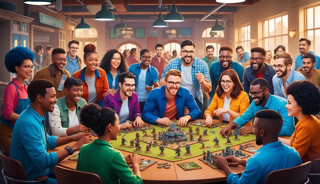 A group of diverse individuals gather around a table, enthusiastically playing a skirmish game set in a vibrant and bustling community