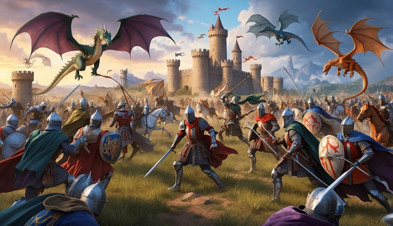 A medieval battlefield with knights, dragons, and castles.</p><p>Warriors clash in a fantasy world filled with magic and mythical creatures