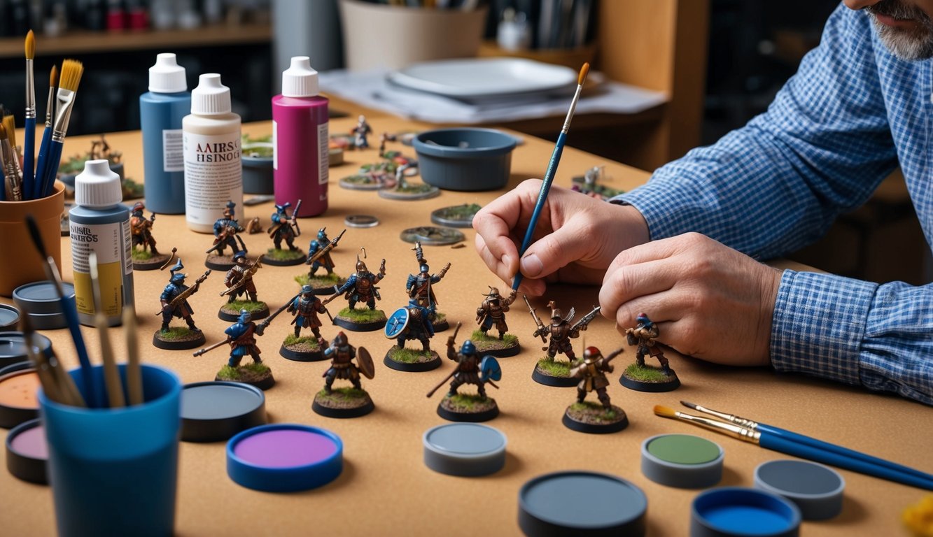A table cluttered with miniature figures, paints, and brushes.</p><p>A hobbyist carefully customizes and paints the tiny warriors for a skirmish game