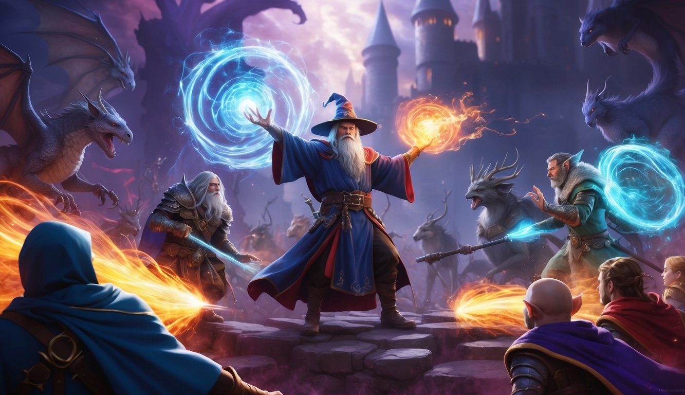 A wizard casting spells in a fantasy skirmish, surrounded by magical energy and mystical creatures