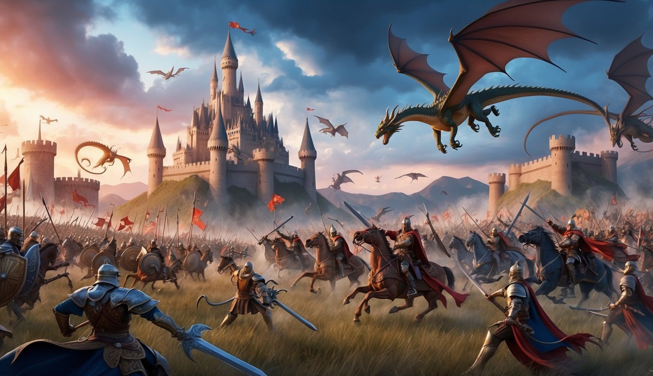 A battlefield with towering castles, dragons, and armies of mythical creatures clashing in a dramatic fantasy war