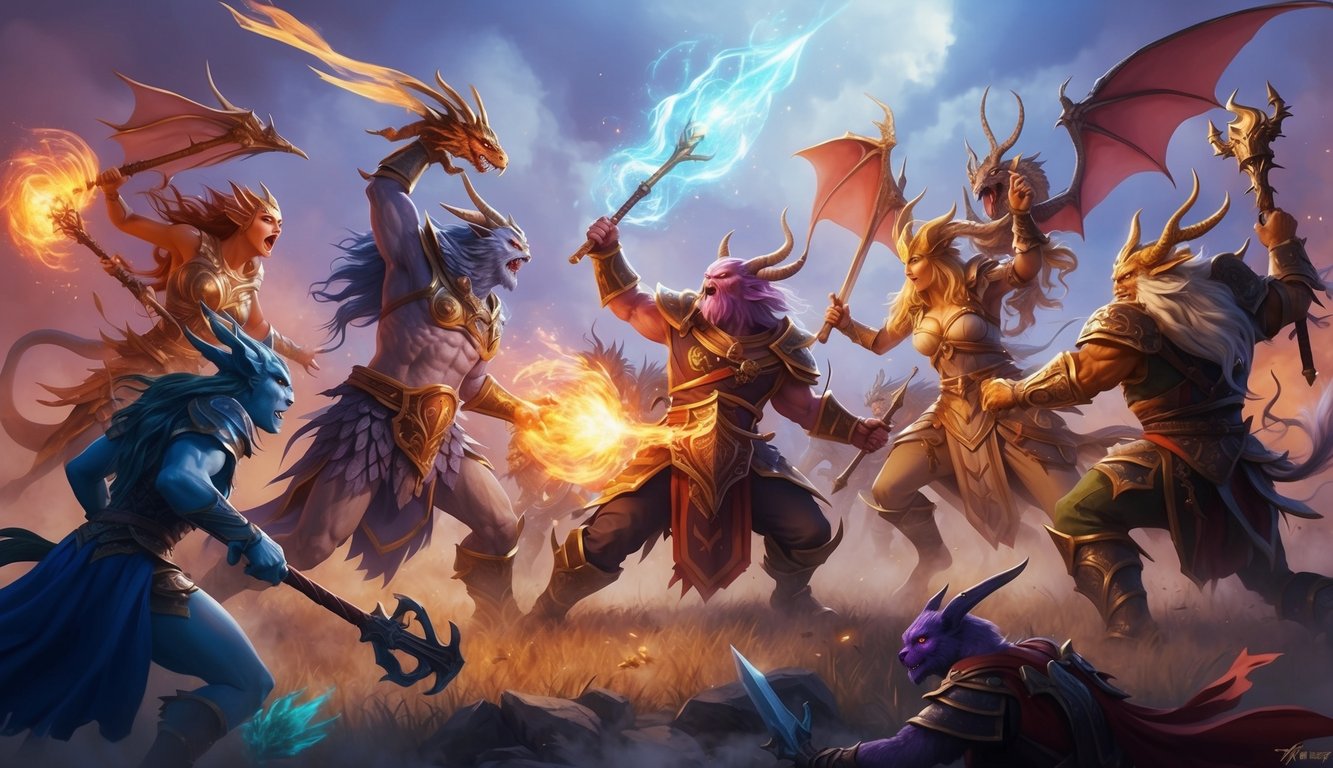 A group of fantasy creatures engage in battle, surrounded by magical effects and special abilities