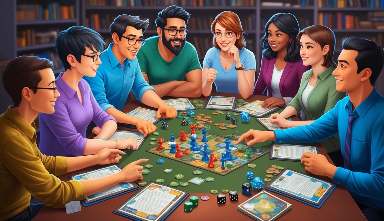 A group of diverse characters gather around a table covered in game pieces, dice, and rulebooks, eagerly discussing strategy and camaraderie