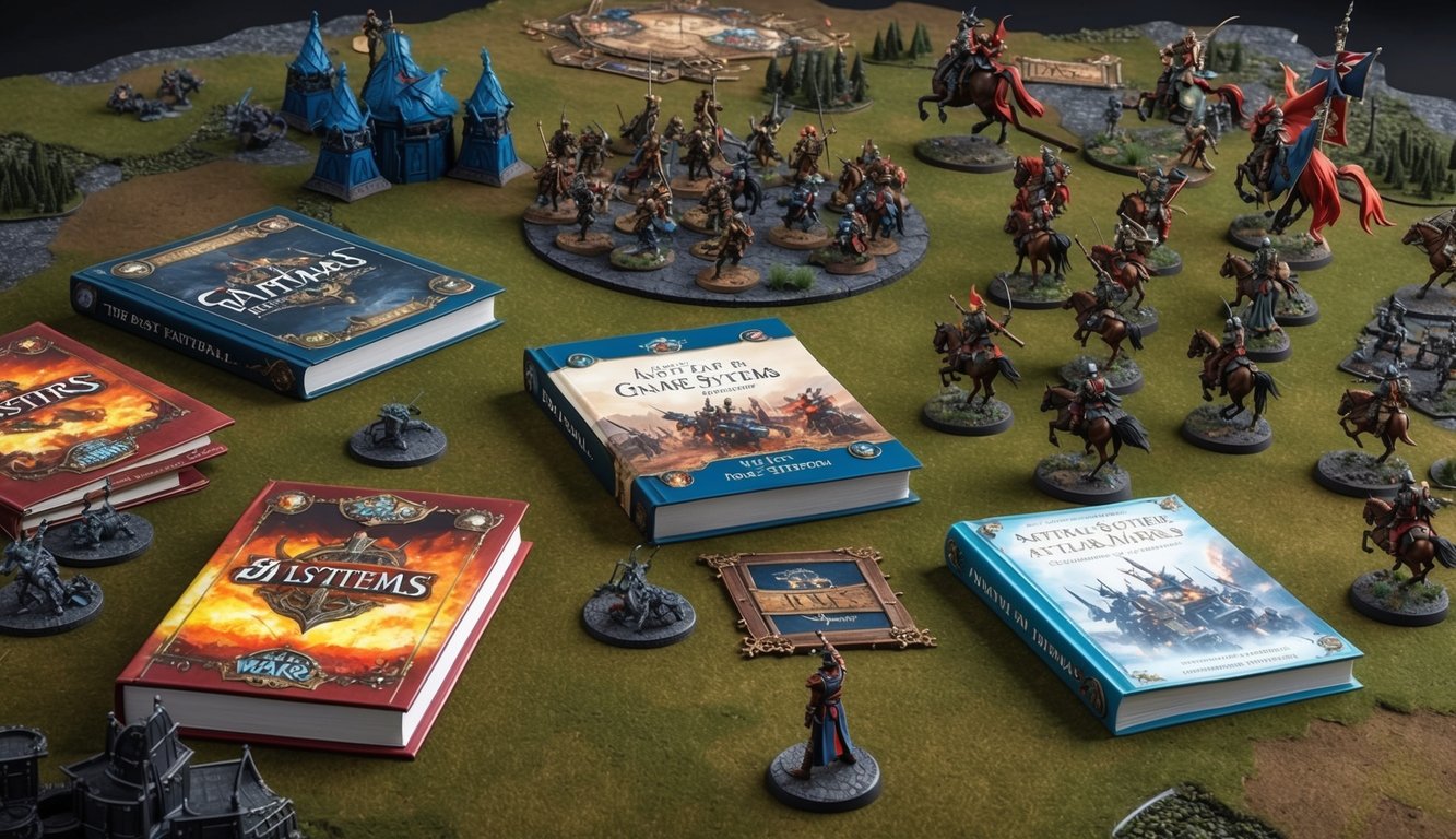 A battlefield with various game systems and rule books scattered among fantasy war game pieces