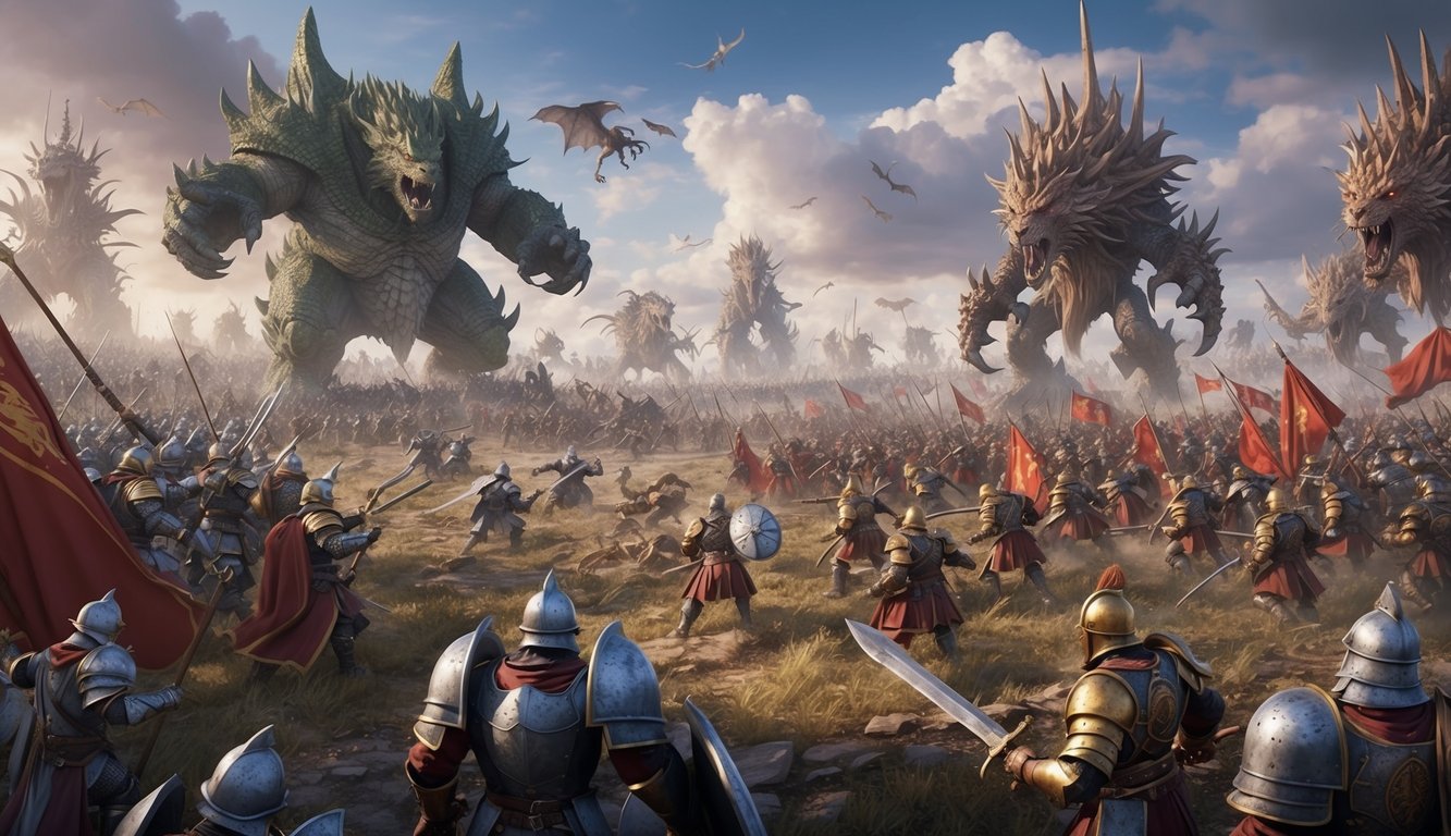 A battle-scarred battlefield, with towering creatures and armored factions clashing in a fantastical war