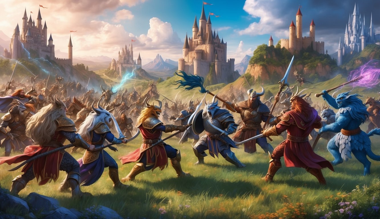 A group of mythical creatures engage in an epic battle on a fantastical battlefield, with towering castles and magical landscapes in the background