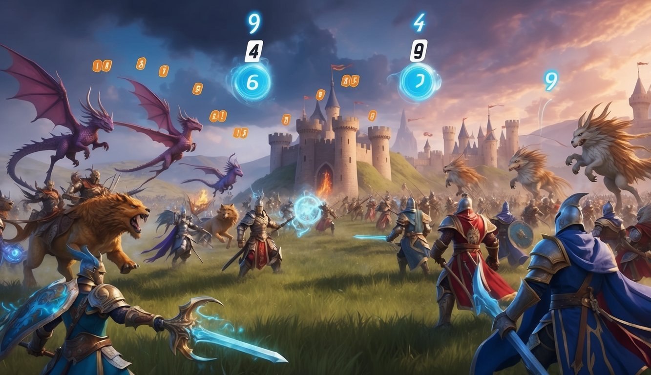 A battlefield with magical creatures, warriors, and castles, with floating numbers and status effects above their heads