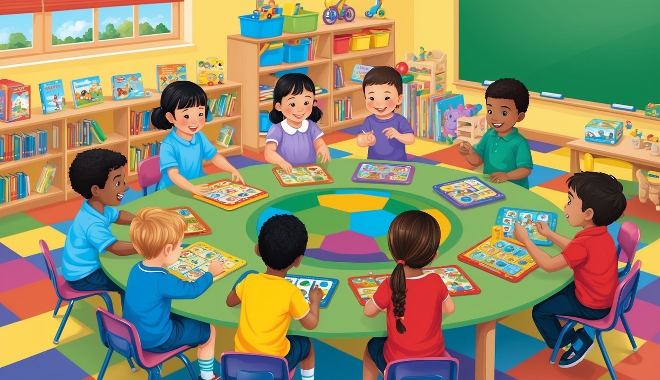 Children sitting around a table playing with educational toys in a classroom