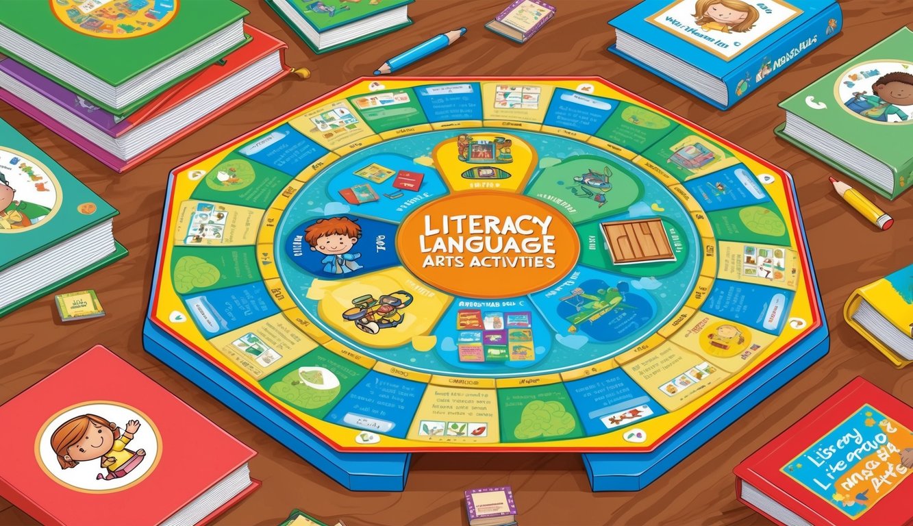 A colorful board game with various literacy and language arts activities, surrounded by children's books and educational materials