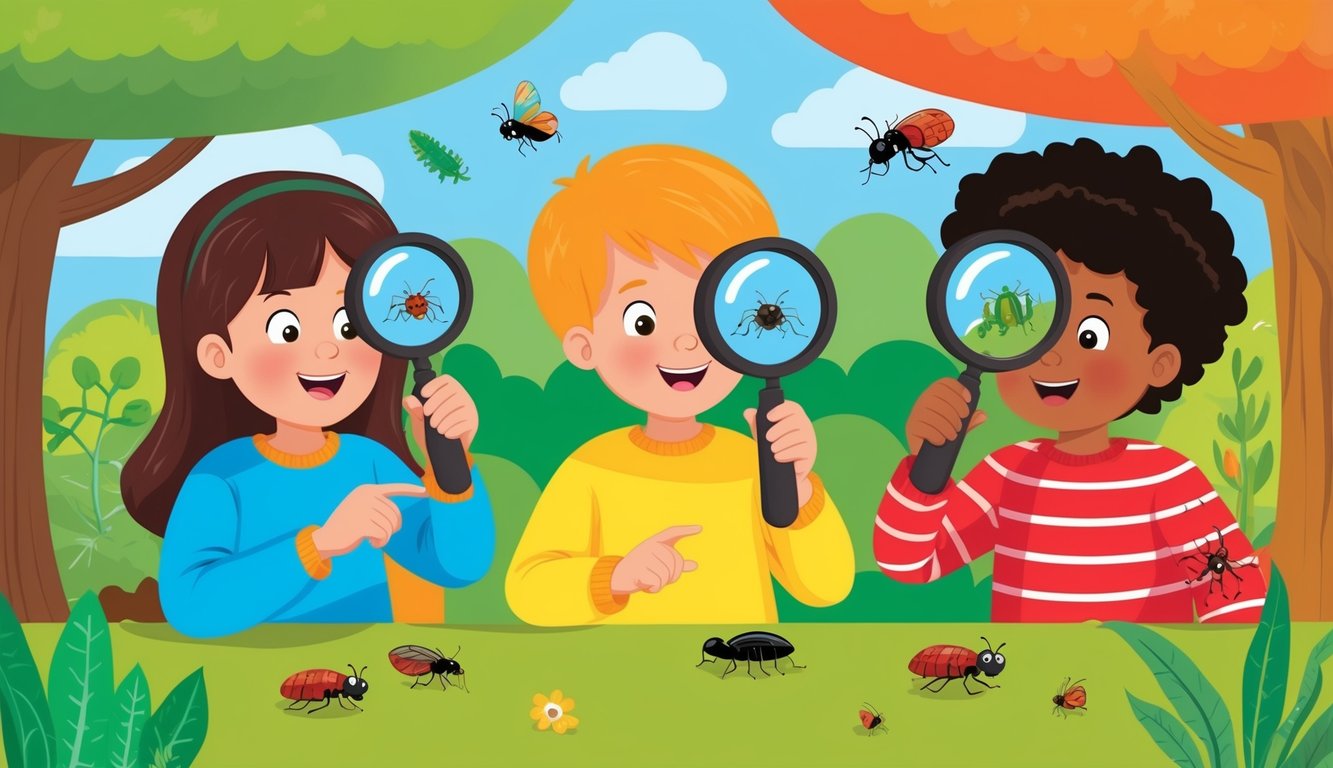 Children playing with magnifying glasses, observing insects and plants in a colorful outdoor setting