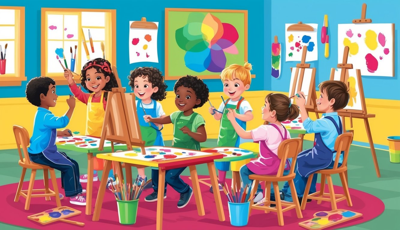 A group of children happily painting and drawing in a colorful art classroom filled with easels, paintbrushes, and art supplies