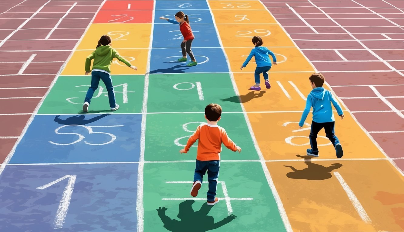 Children playing hopscotch on a colorful, numbered playground surface