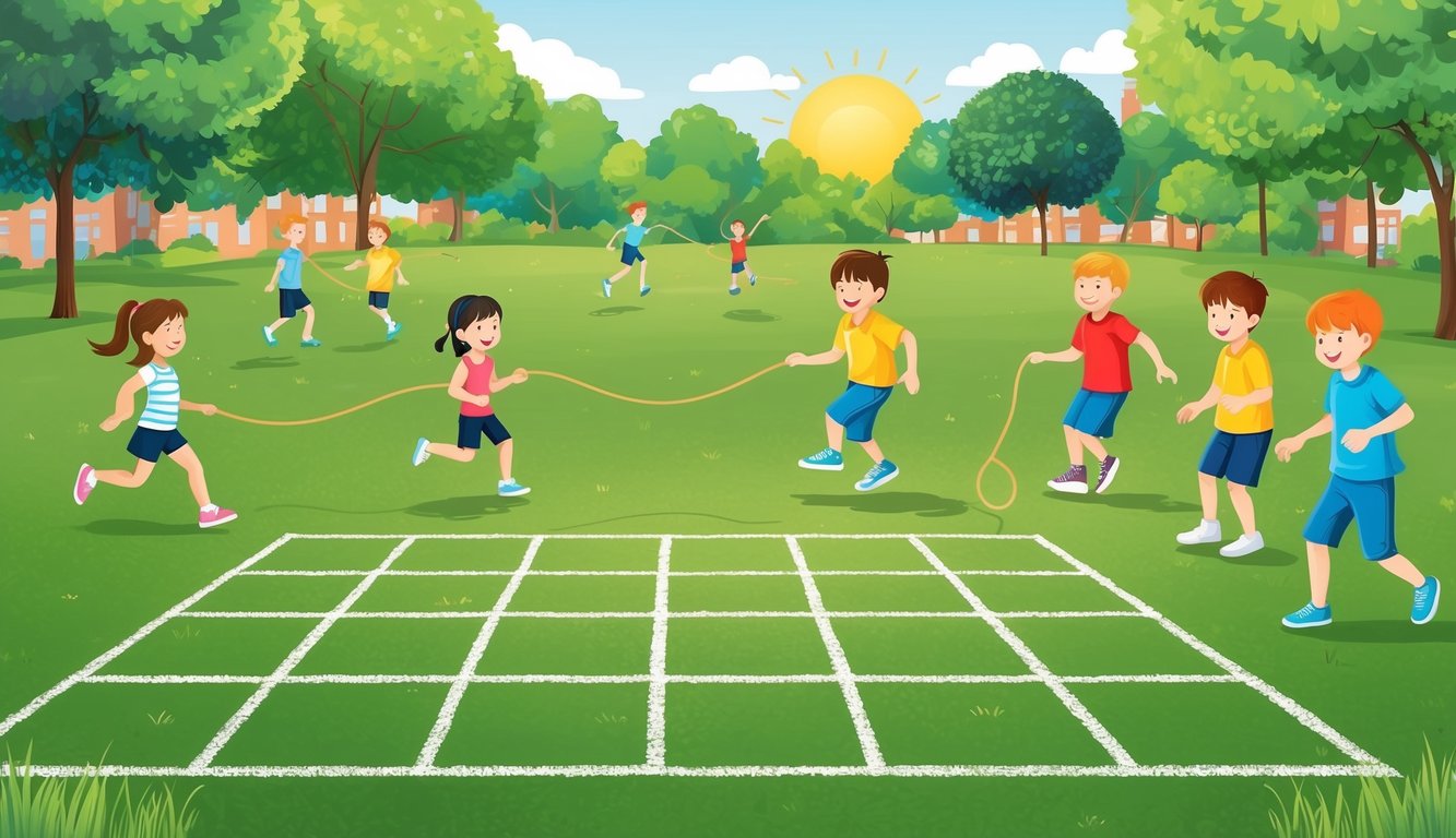 Children playing hopscotch on a chalk-drawn grid, while others skip rope and play tag in a sunny, grassy park