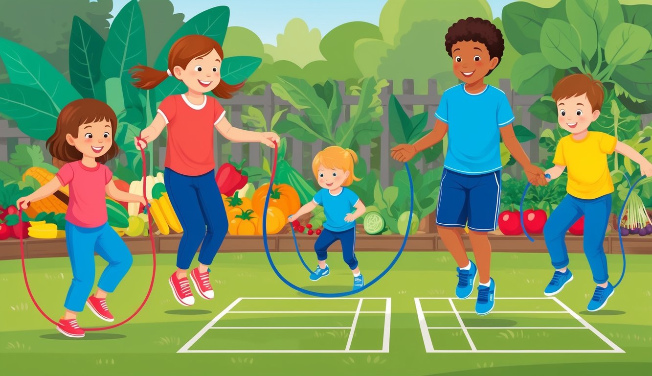 Children playing outdoors, engaging in physical activities like jumping rope and playing hopscotch.</p><p>A garden with colorful fruits and vegetables in the background