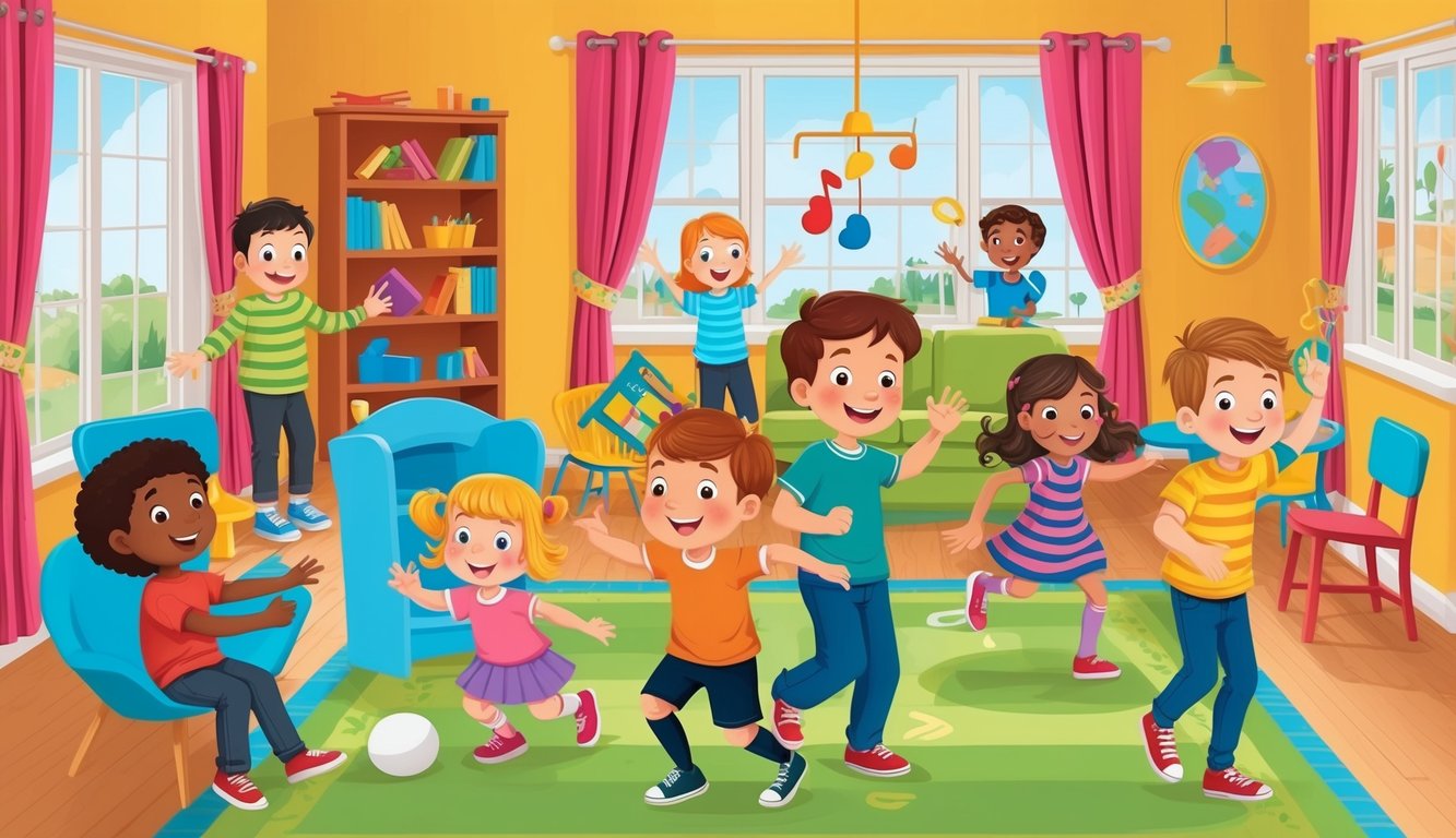 A group of children playing classic indoor games like hide and seek, tag, and musical chairs in a colorful and lively room