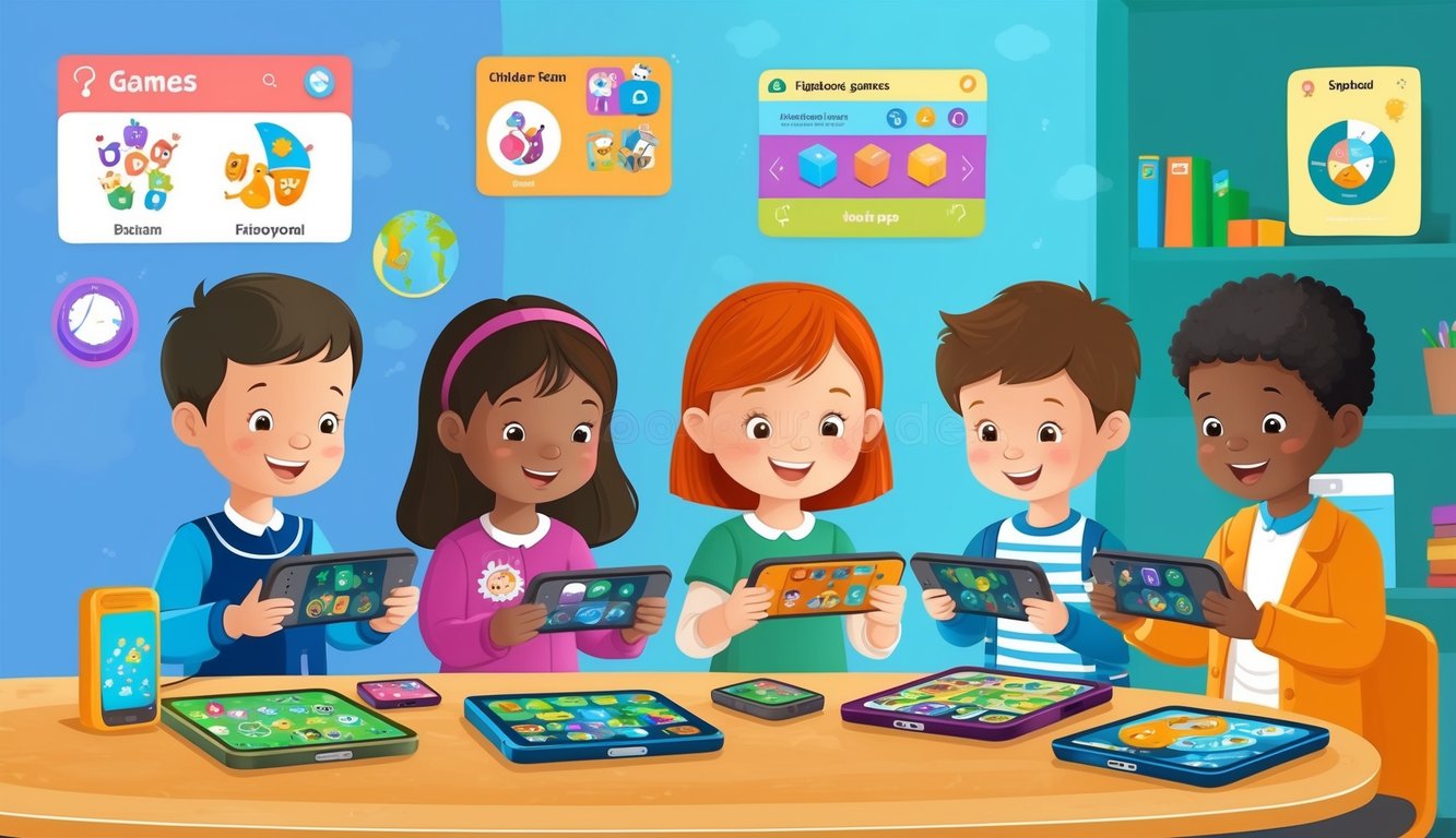 Children playing educational games on technology devices