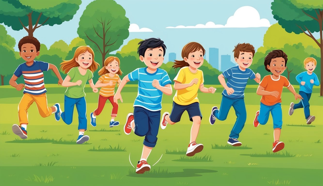 Children playing tag in a park, with a group of kids running and laughing in a grassy field, chasing and dodging each other