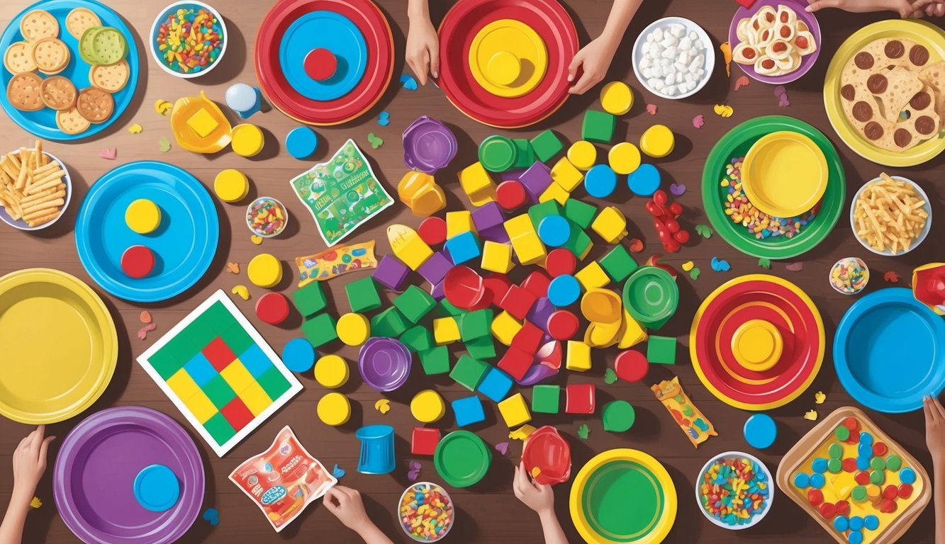 A colorful array of classic kids' games scattered on a table, surrounded by party decorations and snacks