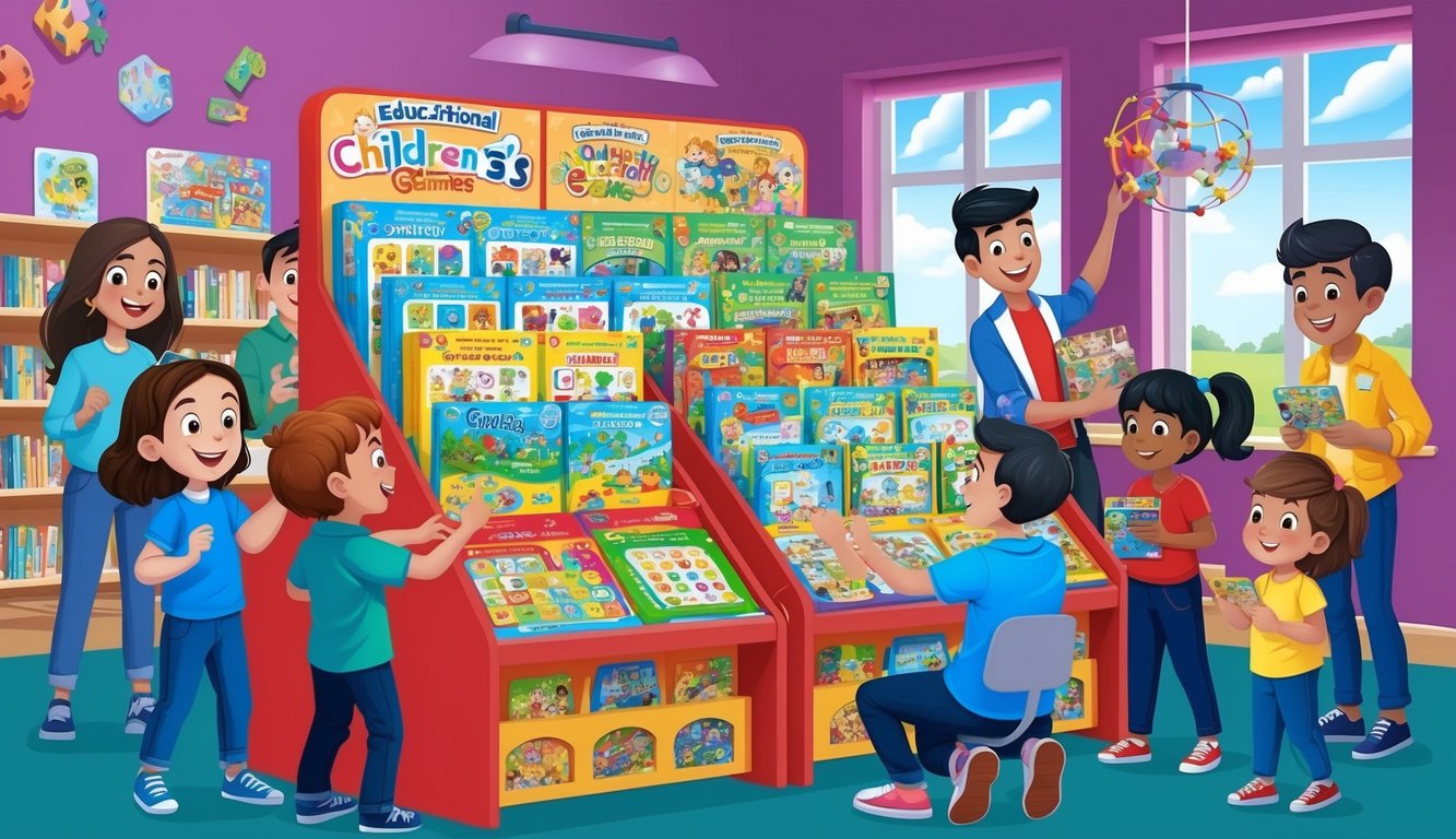 A colorful display of educational children's games, surrounded by excited young players and parents browsing the new and popular releases