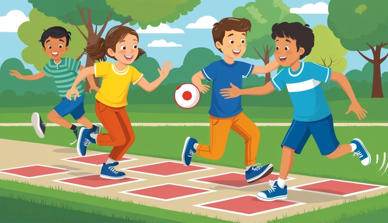 Children playing tag in a park, laughing and running together.</p><p>A group of kids playing hopscotch on the sidewalk.</p><p>Two friends playing a game of catch with a ball