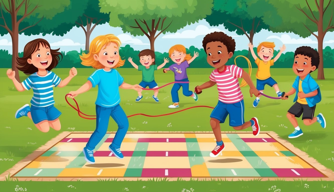 Children playing classic games in a park: hopscotch, jump rope, tag, and hide and seek.</p><p>Laughter and excitement fill the air