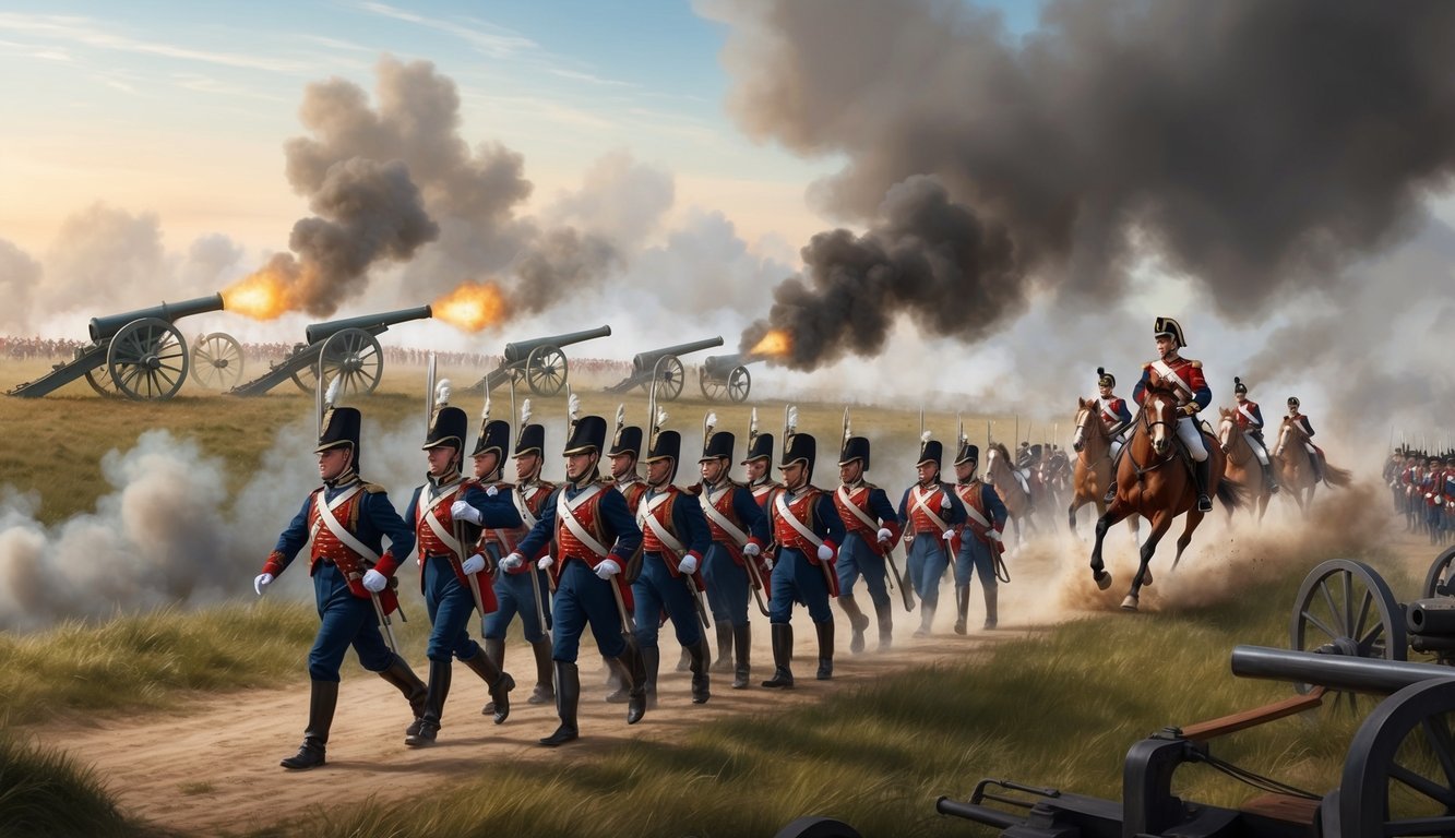 Soldiers marching toward cannons firing on a battlefield with cavalry