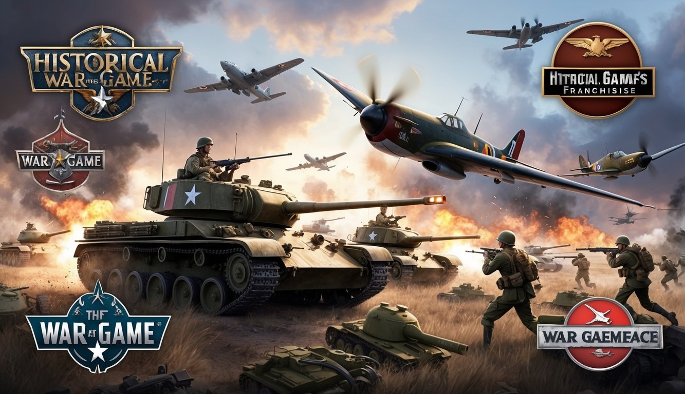 A battlefield with tanks, soldiers, and aircraft engaged in combat amid historical war game franchise logos