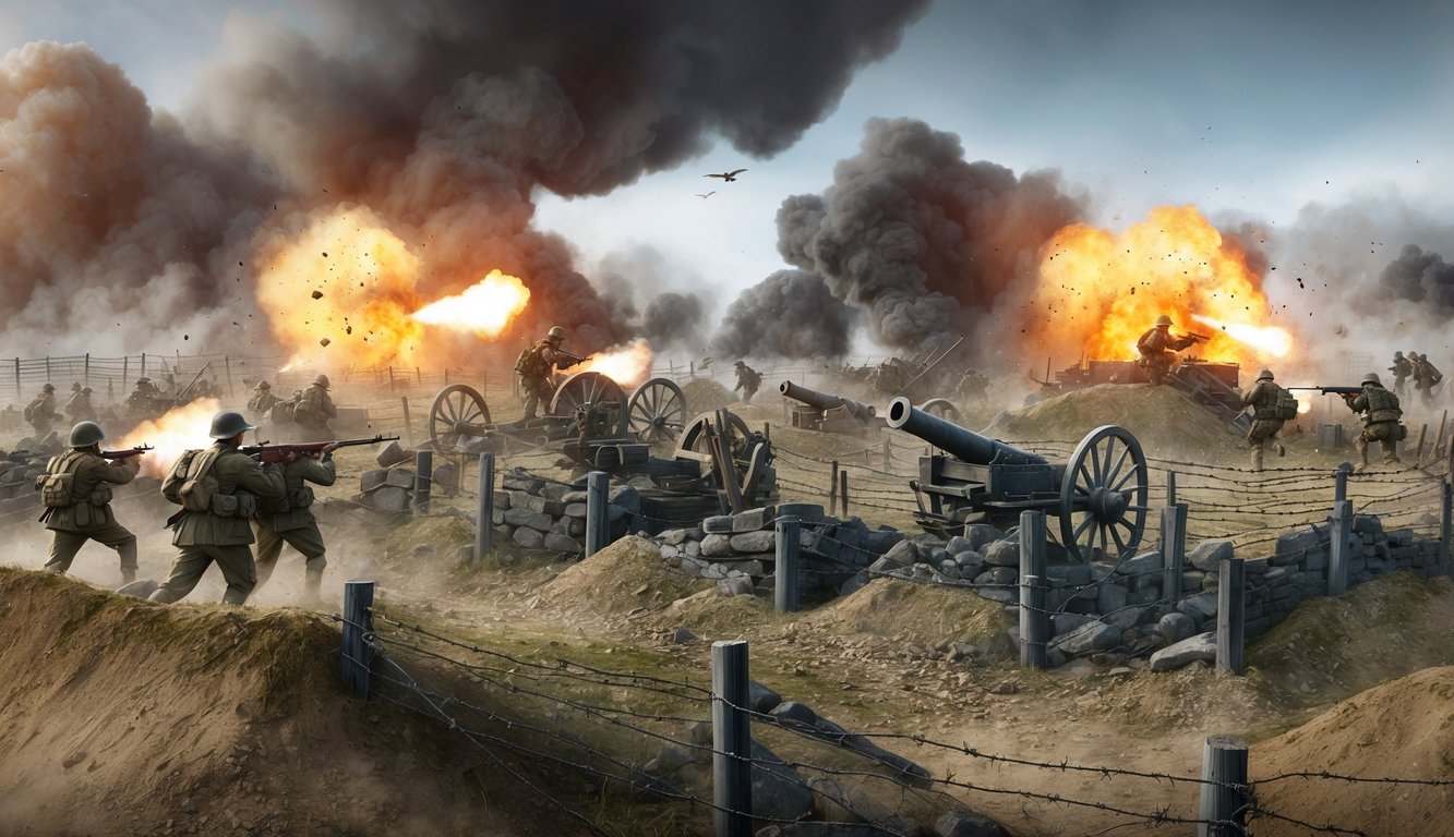 A battlefield with trenches, barbed wire, and artillery.</p><p>Smoke and explosions fill the air as soldiers advance through the chaos